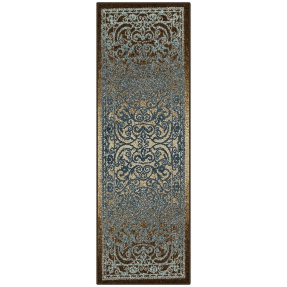 Maples Rugs Pelham Transitional Vintage Scroll Blue Brown Washable Hallway Runner Rug, 2' x 6'