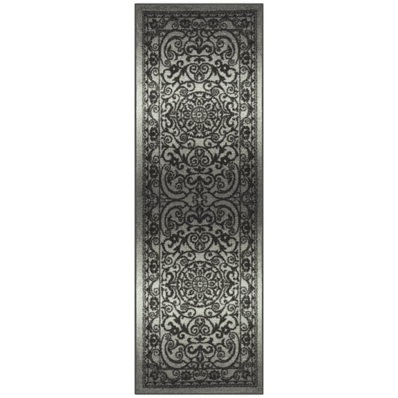 Maples Rugs Pelham Transitional Vintage Scroll Grey Washable Hallway Runner Rug, 2' x 6'