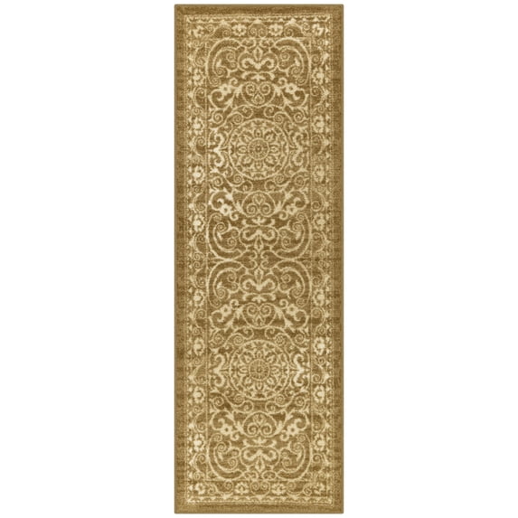 Maples Rugs Pelham Transitional Vintage Scroll Khaki Washable Hallway Runner Rug, 2' x 6'