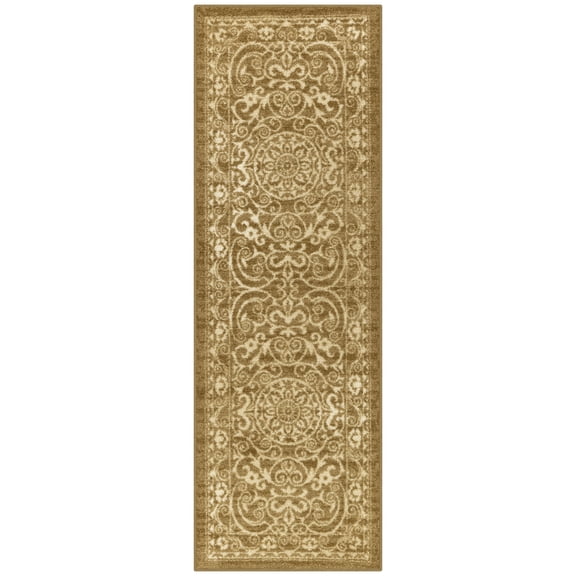 Maples Rugs Pelham Transitional Vintage Scroll Khaki Washable Hallway Runner Rug, 2' x 6'