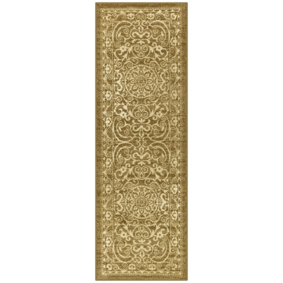 Maples Rugs Pelham Transitional Vintage Scroll Khaki Washable Hallway Runner Rug, 2' x 6'