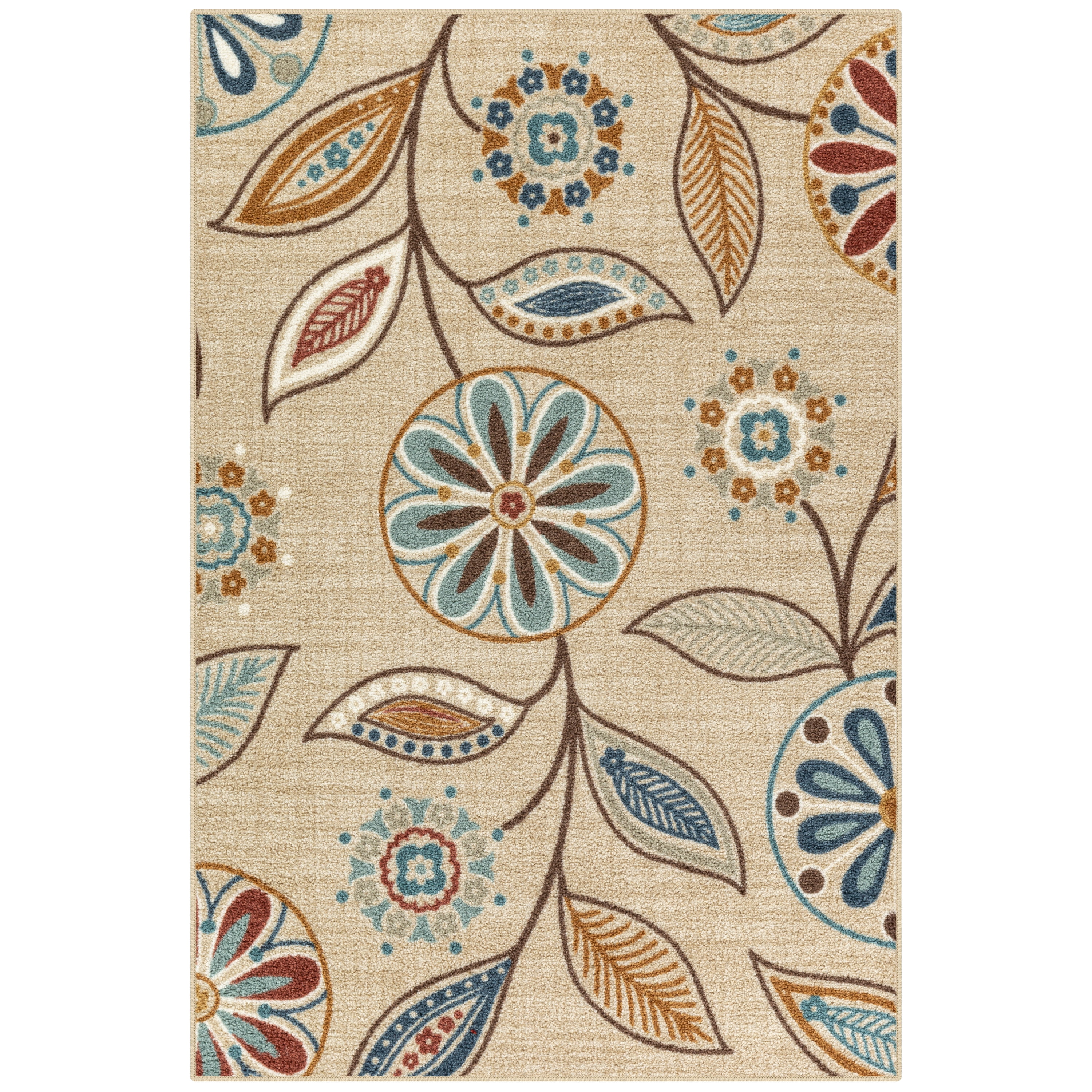 Beige Floral Tufted 5' x 7' Synthetic Area Rug with Non-Slip Back