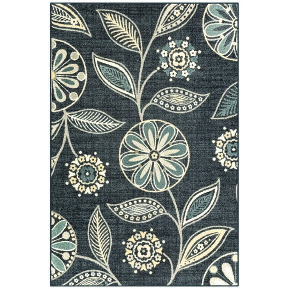 Maples Rugs Reggie Bohemian Floral Blue Non Slip Indoor Area Rug, 3'4 x 5'