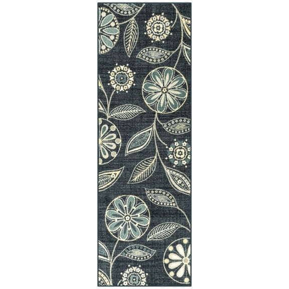 Maples Rugs Reggie Bohemian Floral Blue Washable Hallway Runner Rug, 2' x 6'