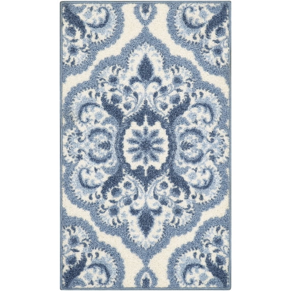 Maples Rugs Vivian Transitional Medallion Blue White Washable Entryway Area Rug, 1'8 x 2'10