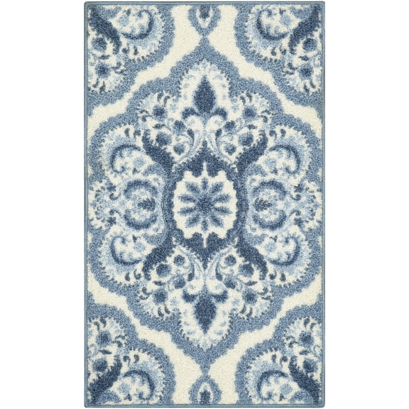 Maples Rugs Vivian Transitional Medallion Blue White Washable Entryway Area Rug, 1'8 x 2'10