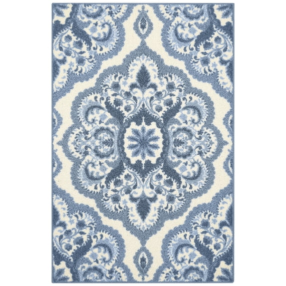Maples Rugs Vivian Transitional Medallion Blue White Washable Entryway Area Rug, 2'6 x 3'10