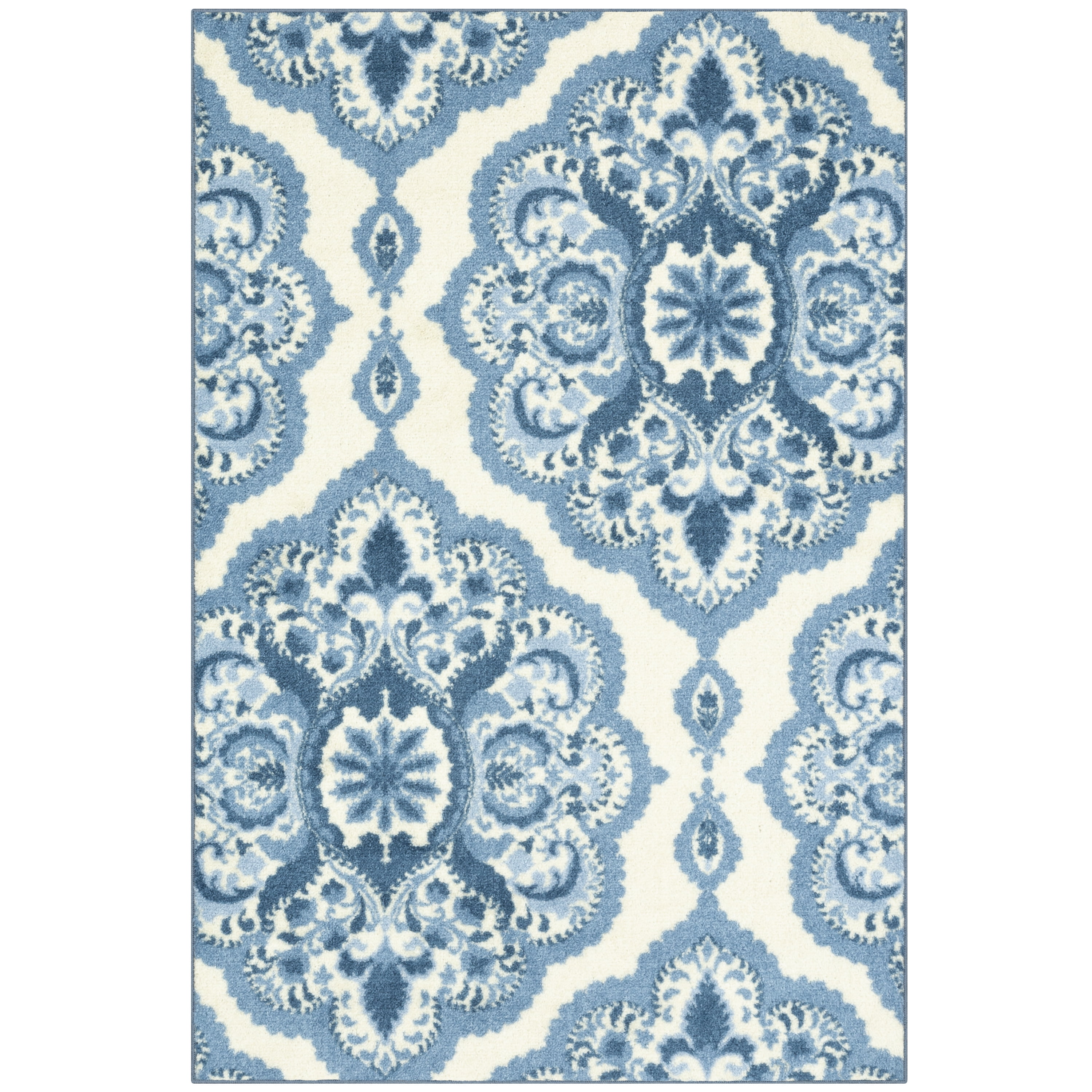 Maples Rugs Vivian Transitional Medallion Blue White Non Slip Indoor Area Rug, 3'4 x 5'