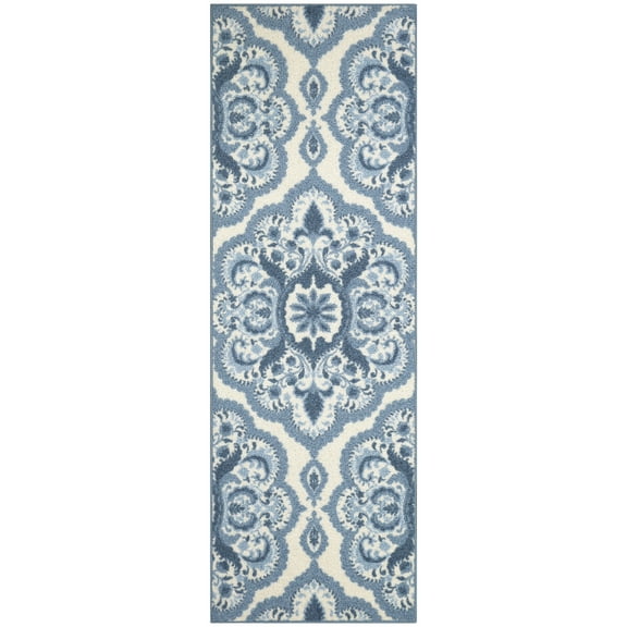 Maples Rugs Vivian Transitional Medallion Blue White Washable Hallway Runner Rug, 1'8 x 5'