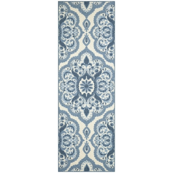 Maples Rugs Vivian Transitional Medallion Blue White Washable Hallway Runner Rug, 2' x 6'