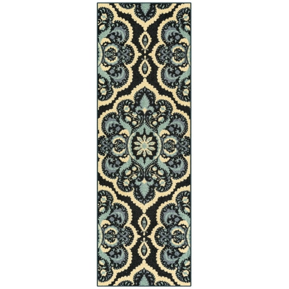 Maples Rugs Vivian Transitional Medallion Persian Blue Washable Hallway Runner Rug, 2' x 6'