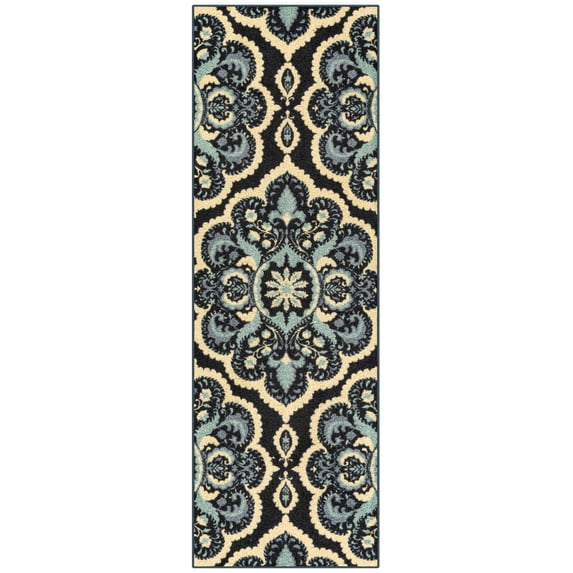 Maples Rugs Vivian Transitional Medallion Persian Blue Washable Hallway Runner Rug, 2' x 6'