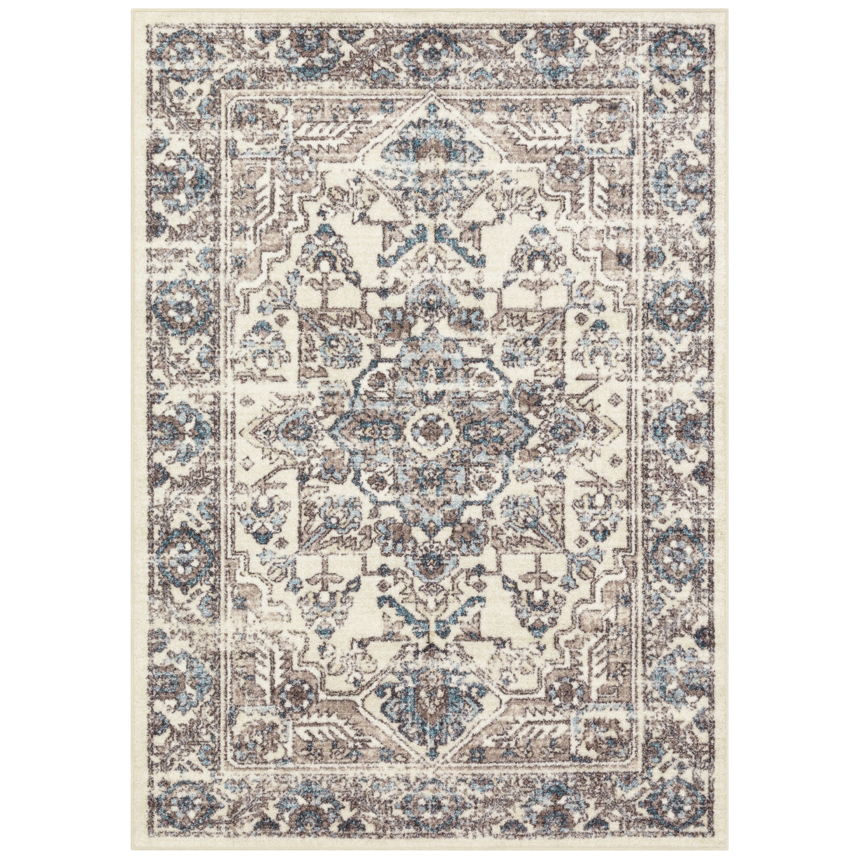 Distressed Blue and Beige Synthetic Traditional Area Rug, 5' x 7'