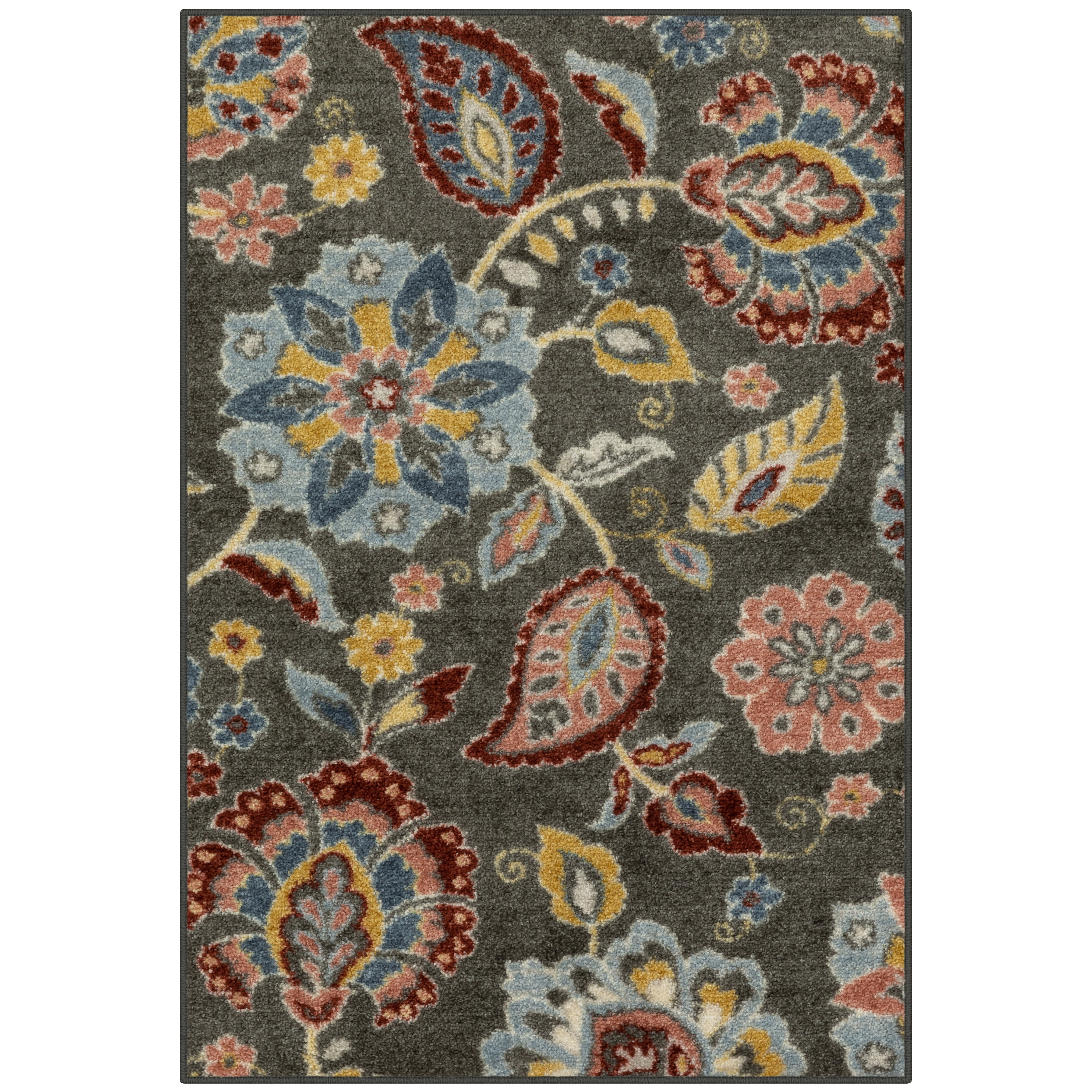 Gray Floral Tufted Synthetic Throw Rug with Rubber Backing