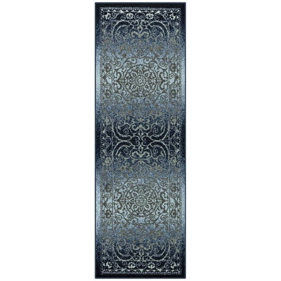 Maples Rugs Pelham Transitional Vintage Scroll Navy Grey Washable Hallway Runner Rug, 2' x 6'