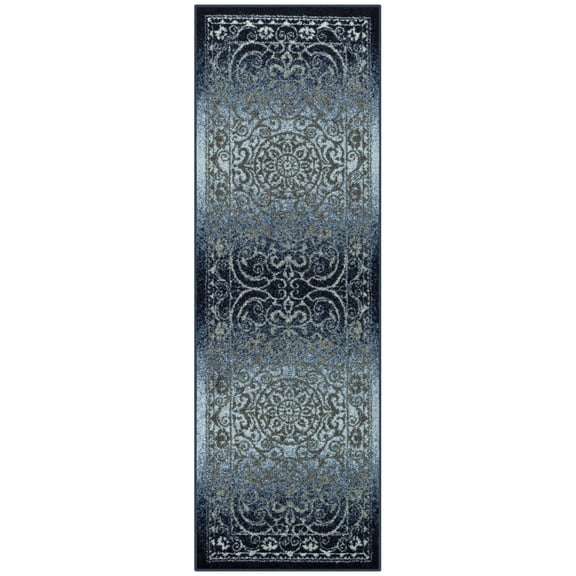 Maples Rugs Pelham Transitional Vintage Scroll Navy Grey Washable Hallway Runner Rug, 2' x 6'