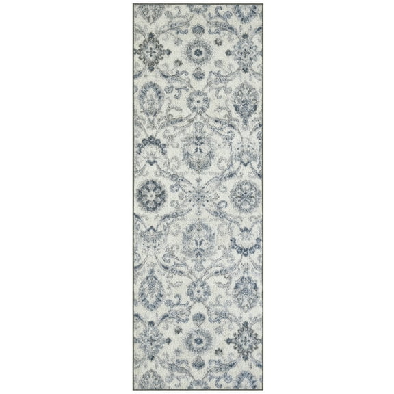Maples Rugs Blooming Damask Transitional Gray Blue Washable Hallway Runner Rug, 2' x 6'