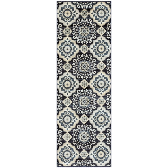 Maples Rugs Camilla Transitional Medallion Ivory Navy Washable Hallway Runner Rug, 2' x 6'