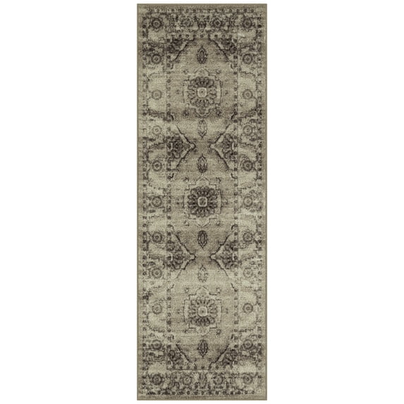 Maples Rugs Lexington Farmhouse Floral Taupe Washable Hallway Runner Rug, 2' x 6'