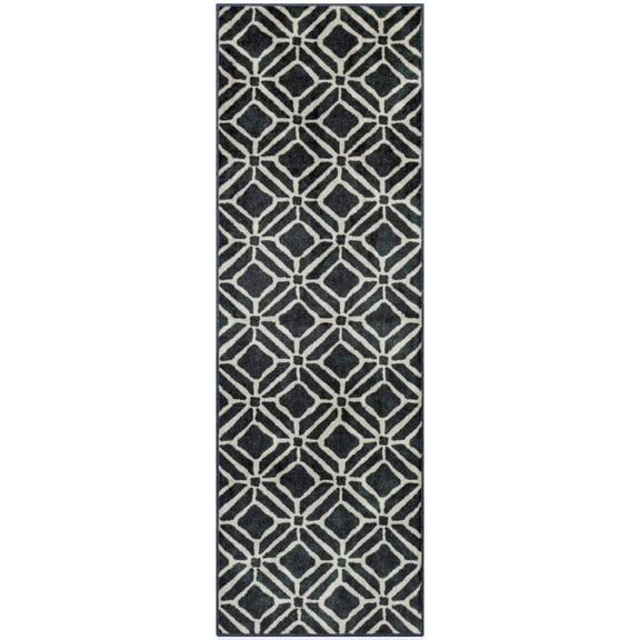 Maples Rugs Moderna Modern Geometric Dark Blue Washable Hallway Runner Rug, 2' x 6'