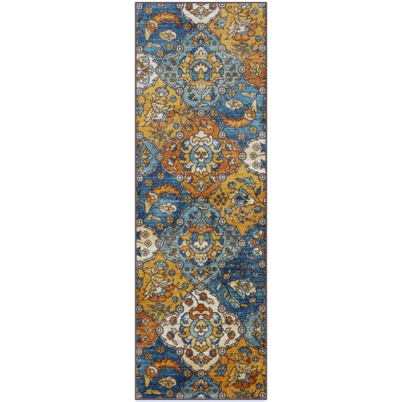 Maples Rugs Sutton Traditional Paisley Blue Orange Washable Hallway Runner Rug, 2' x 6'