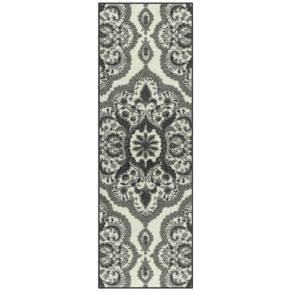 Maples Rugs Vivian Transitional Medallion Grey Washable Hallway Runner Rug, 2' x 6'