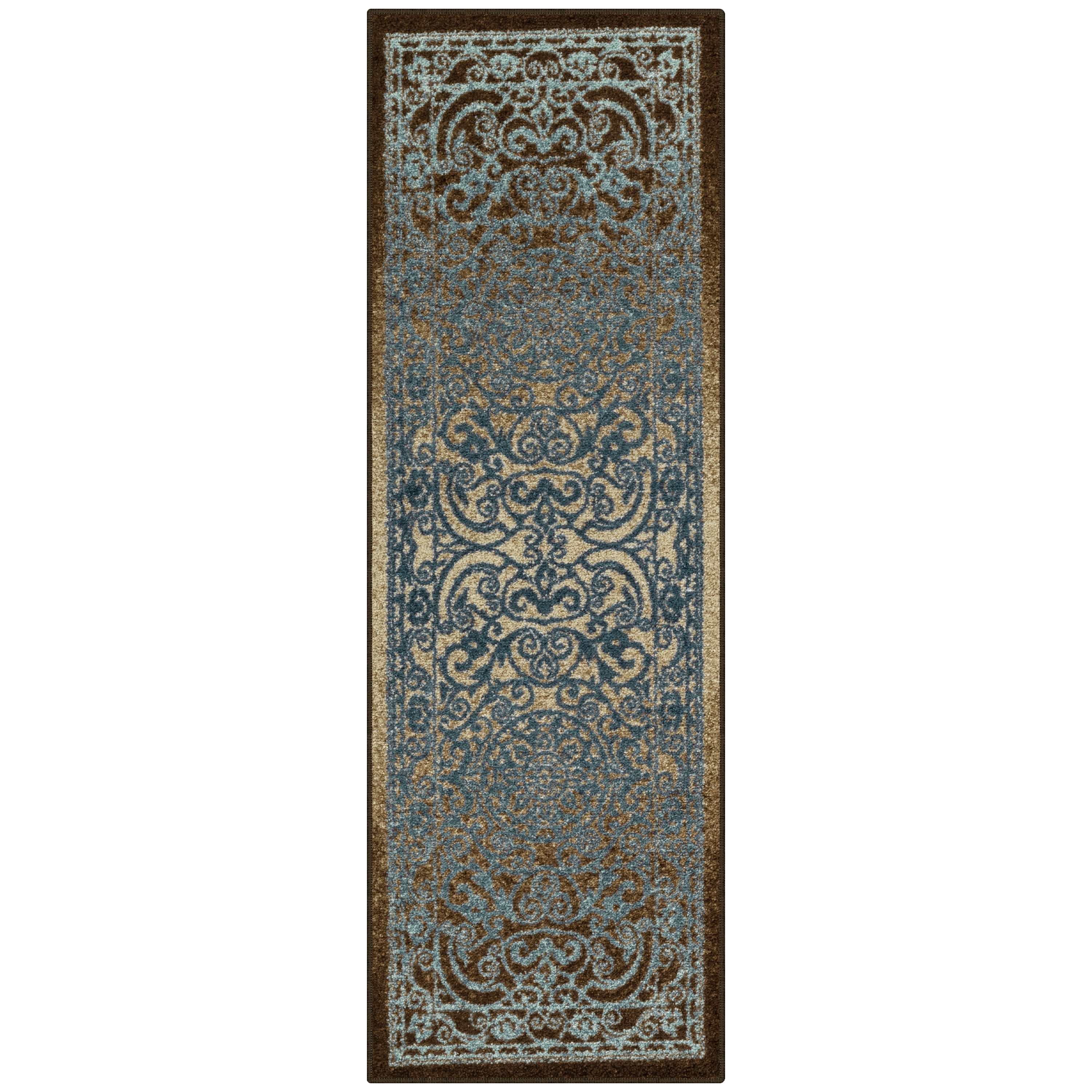 Vintage Blue and Walnut Tufted Polyester Runner Rug
