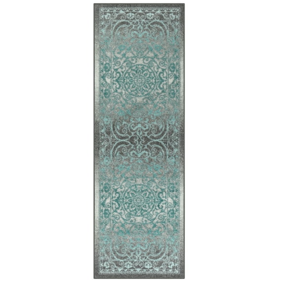 Maples Rugs Pelham Transitional Vintage Scroll Grey Blue Washable Hallway Runner Rug, 2' x 6'