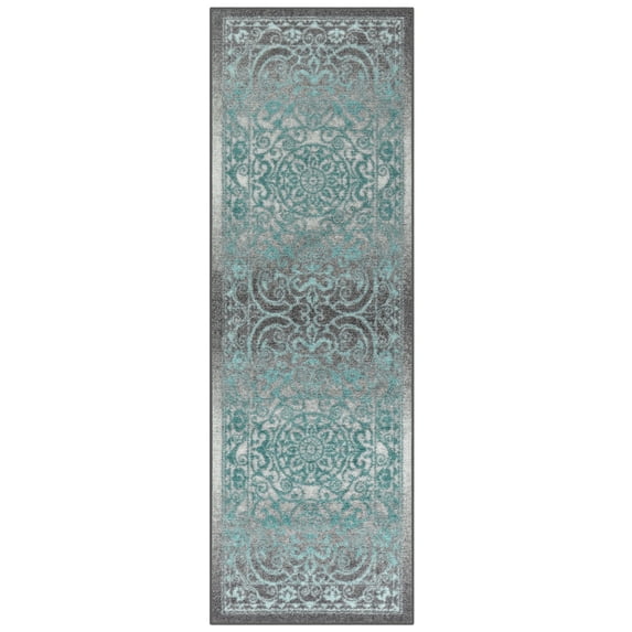 Maples Rugs Pelham Transitional Vintage Scroll Grey Blue Washable Hallway Runner Rug, 2' x 6'