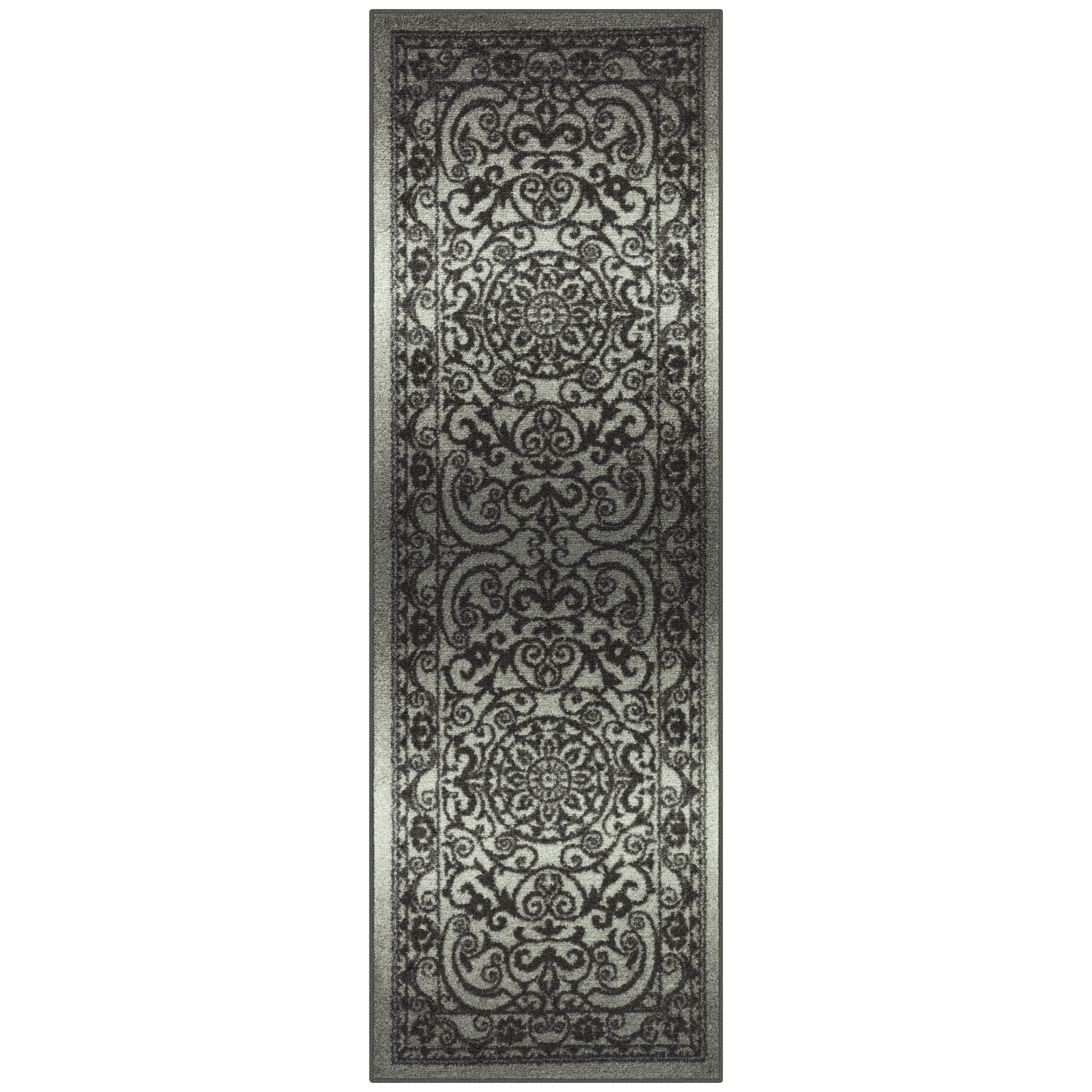 Grey Tonal Vintage Scroll Design Washable Runner Rug