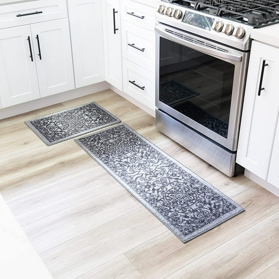 Maples Rugs Pelham Non Slip Washable Floor Mat [Made in US], Kitchen Rugs Sets of 2, Grey
