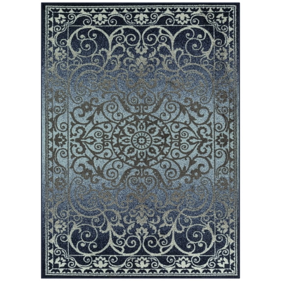 Maples Rugs Pelham Transitional Vintage Scroll Navy Grey Non Slip Indoor Area Rug, 5' x 7'