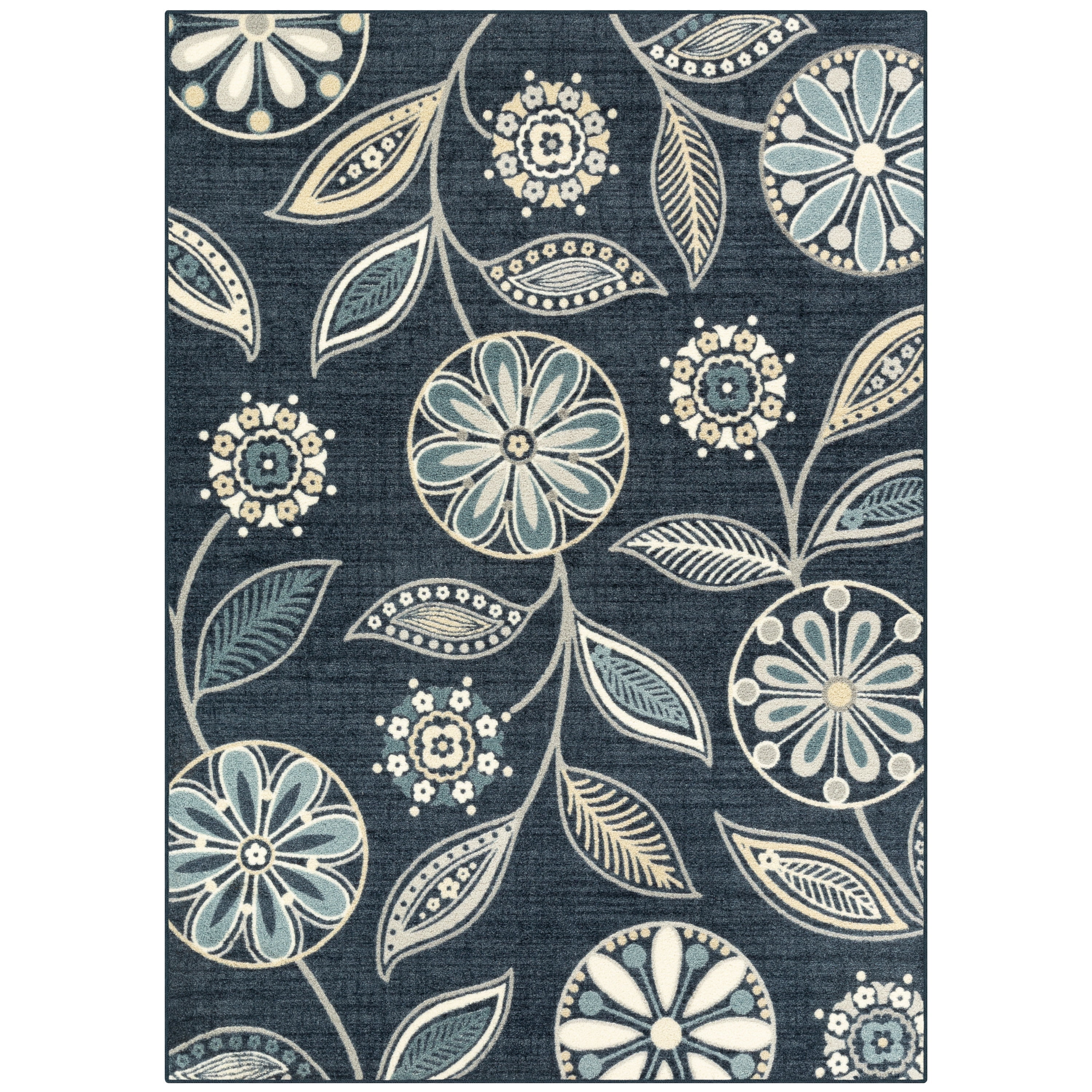 Blue Floral Tufted Synthetic Rectangular Area Rug, 7' x 10'