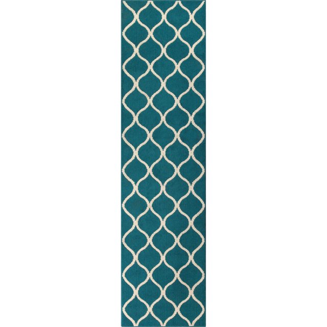 Maples Rugs Transitional Fretwork Teal Blue Indoor Long Runner Rug, 2'6" x 10'