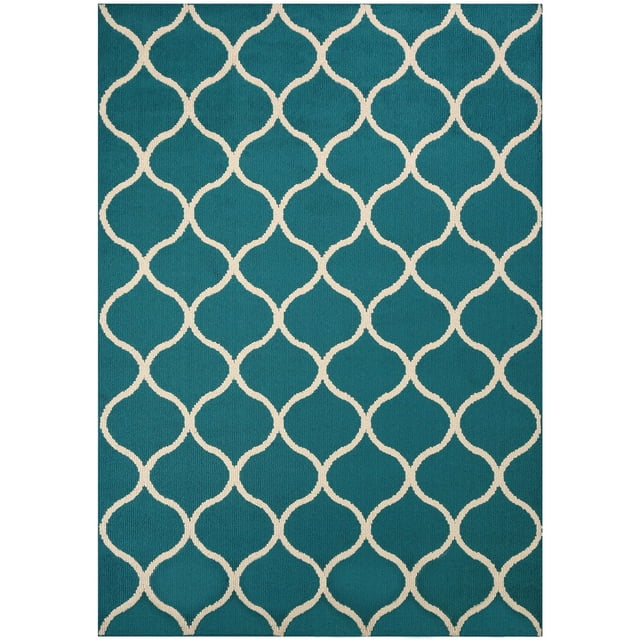 Maples Rugs Transitional Fretwork Teal Blue Living Room Indoor Area Rug, 5' x 7'