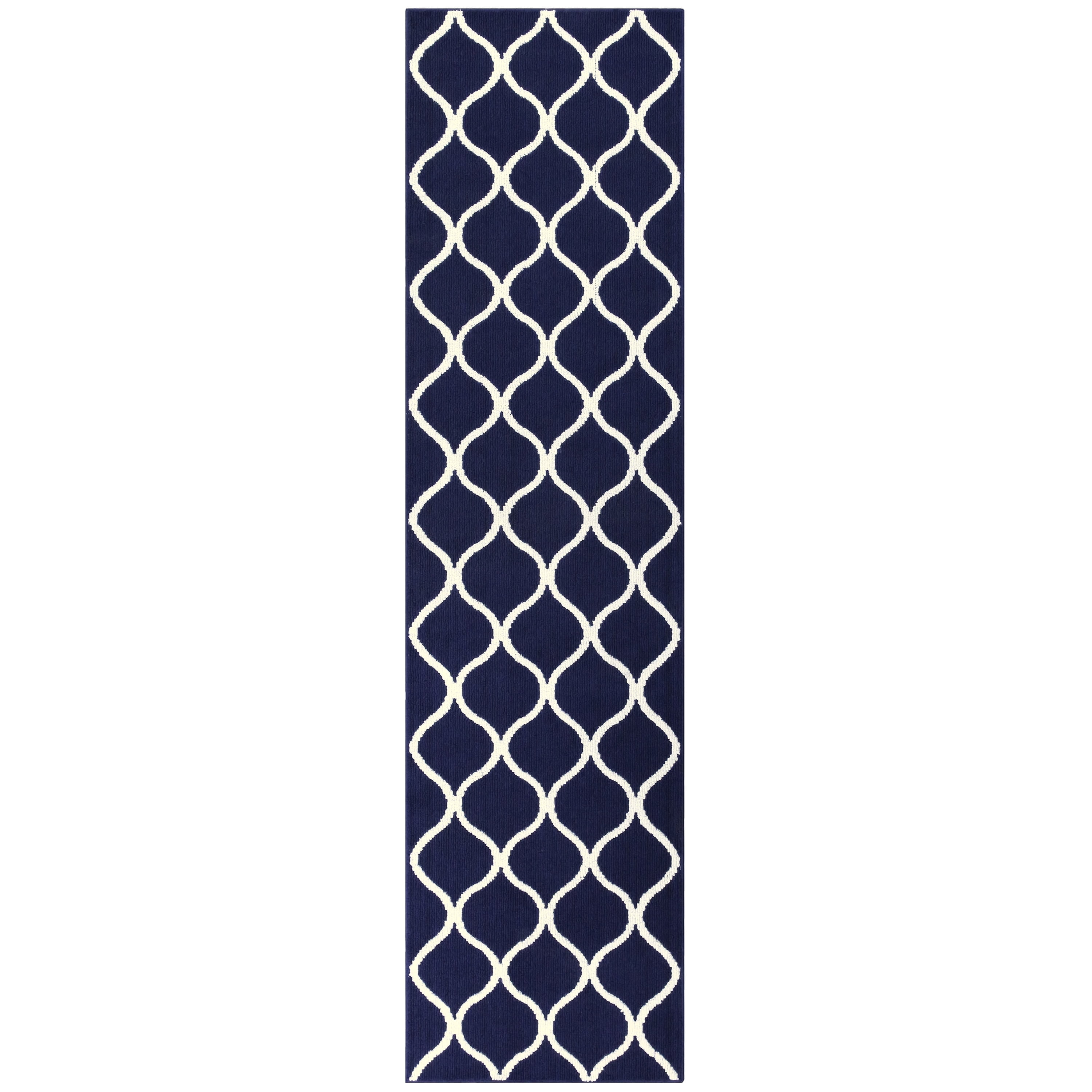 Navy Blue and White Geometric Tufted Runner Rug with Non-slip Backing