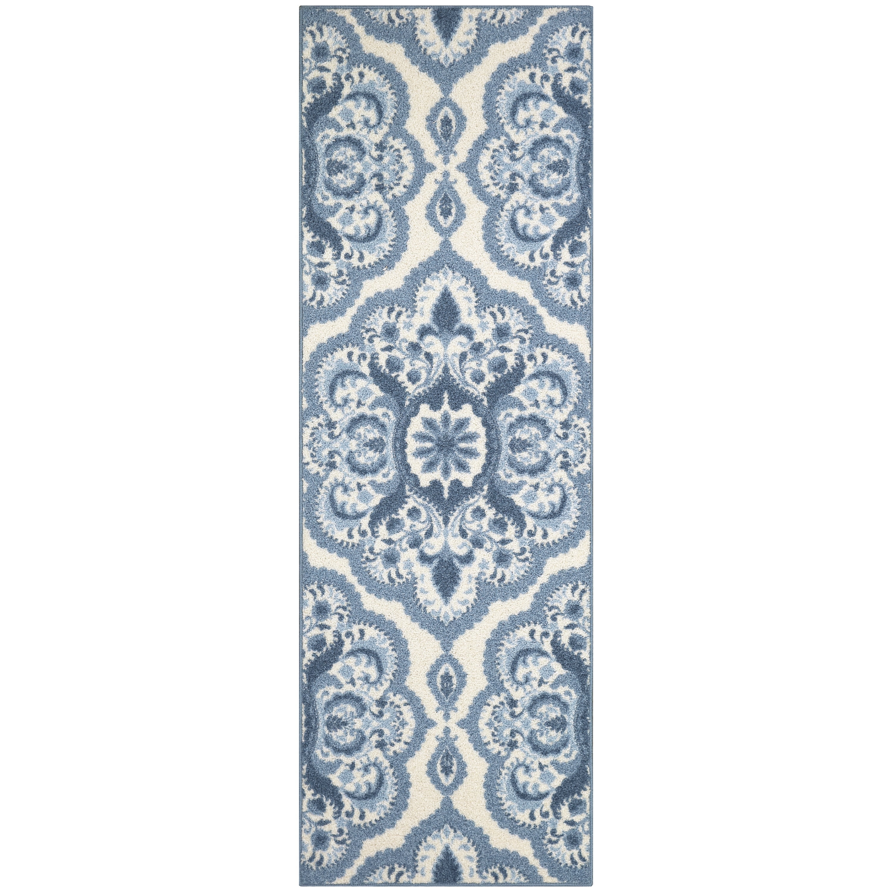 Blue and White Tufted Medallion Runner Rug, 2' x 6'