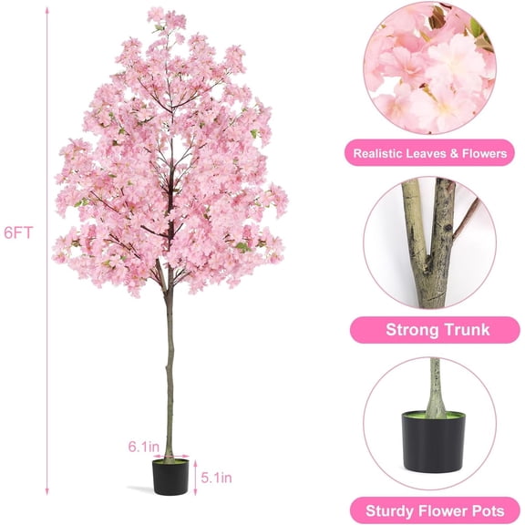 Mapleway 6FT Tall Artificial Cherry Tree, Fake Sakura Tree with Realistic Trunk & Full Bloom Pink Silk Flowers in Plastic Nursery Pot, Faux Plant for Home Indoor Outdoor Porch Decor