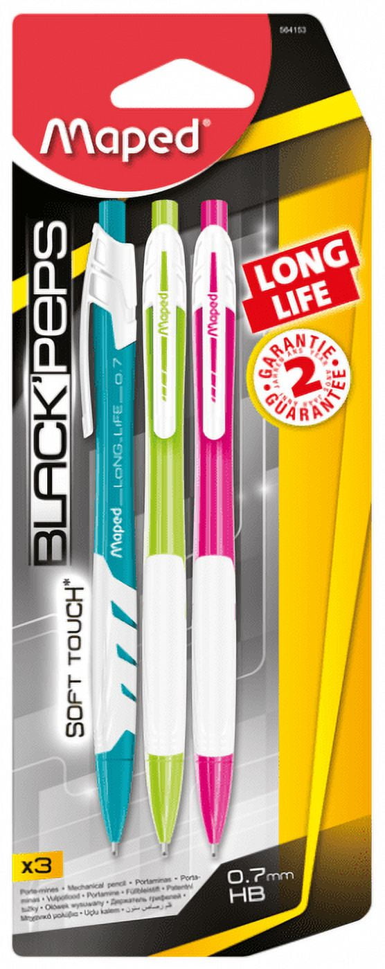 Maped Black Peps Mechanical Pen Long Life Soft Touch 0.7 mm HB 3 Count