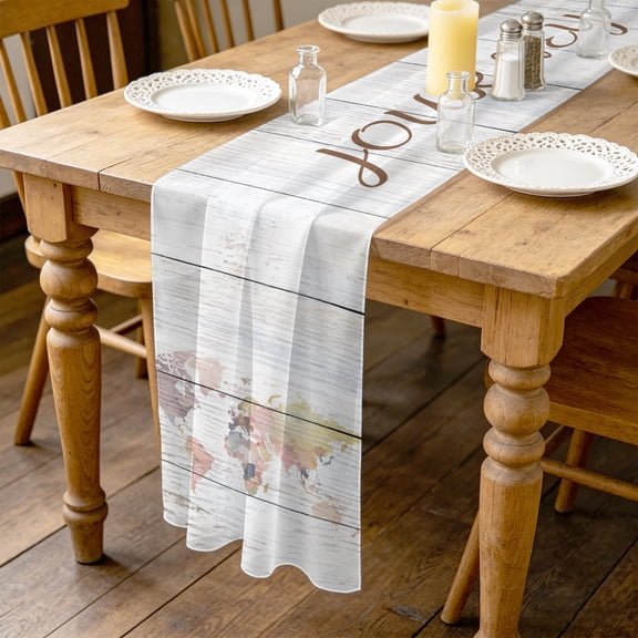 Maps Of The World 10ft Cheesecloth Table Runner for Wedding 27"x120", Retro Earth Tourism Map Grey Wood Grain Kitchen Dinner Sheer Tulle Chiffon Dresser Scarf, Holiday Party Decorations