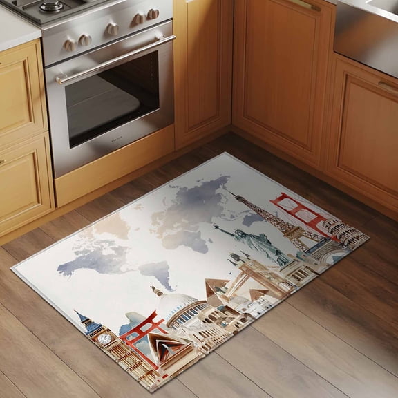Maps Of The World 2x3 Rug for Entryway Front Door Kitchen Sink Area, Earth Famous Buildings Tourism Beige Low Pile Washable Non Slip Rectangle Area Rug