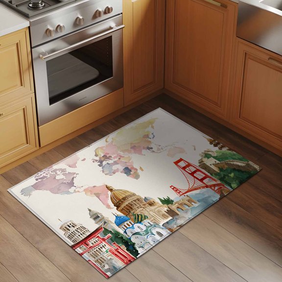 Maps Of The World 2x3 Rug for Entryway Front Door Kitchen Sink Area, Famous Buildings around The World Beige Low Pile Washable Non Slip Rectangle Area Rug