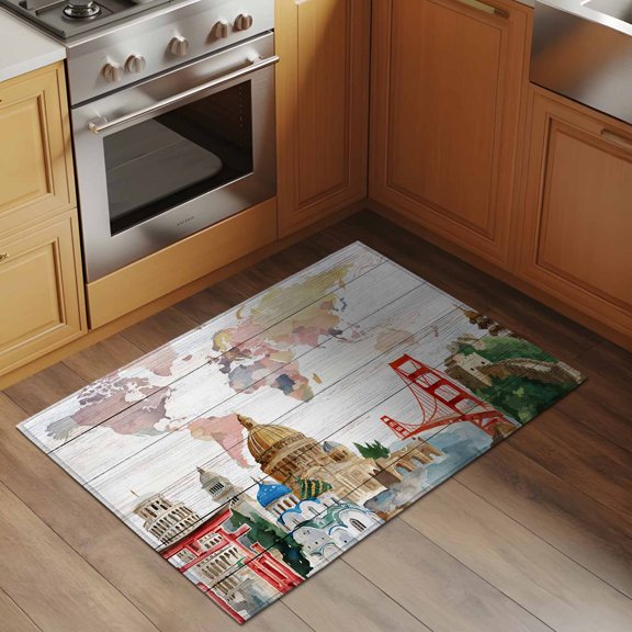 Maps Of The World 2x3 Rug for Entryway Front Door Kitchen Sink Area, Famous Buildings around The World Wood Grain Low Pile Washable Non Slip Rectangle Area Rug