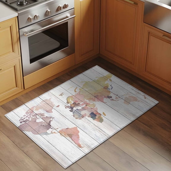 Maps Of The World 2x3 Rug for Entryway Front Door Kitchen Sink Area, Retro Earth Tourism Map Grey Wood Grain Low Pile Washable Non Slip Rectangle Area Rug
