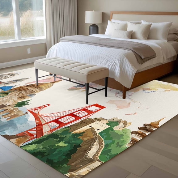 Maps Of The World 6x9 Rug for Dining Room Table and Chair Setup, Famous Buildings around The World Beige Low Pile Washable Non Slip Rectangle Area Rug