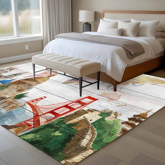Maps Of The World 6x9 Rug for Dining Room Table and Chair Setup, Famous Buildings around The World Wood Grain Low Pile Washable Non Slip Rectangle Area Rug