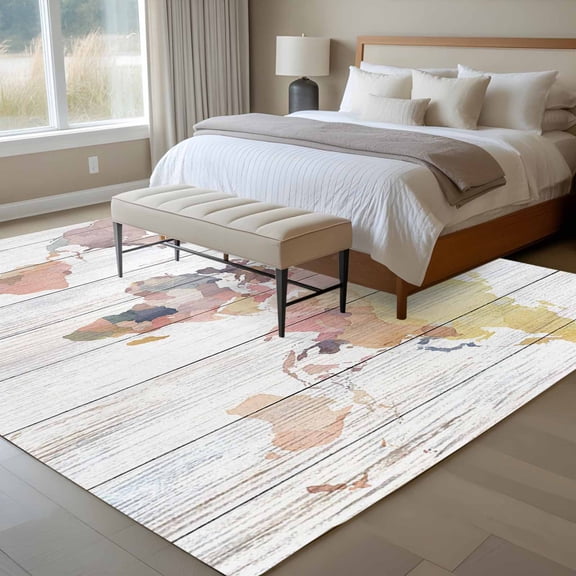 Maps Of The World 6x9 Rug for Dining Room Table and Chair Setup, Retro Earth Tourism Map Grey Wood Grain Low Pile Washable Non Slip Rectangle Area Rug