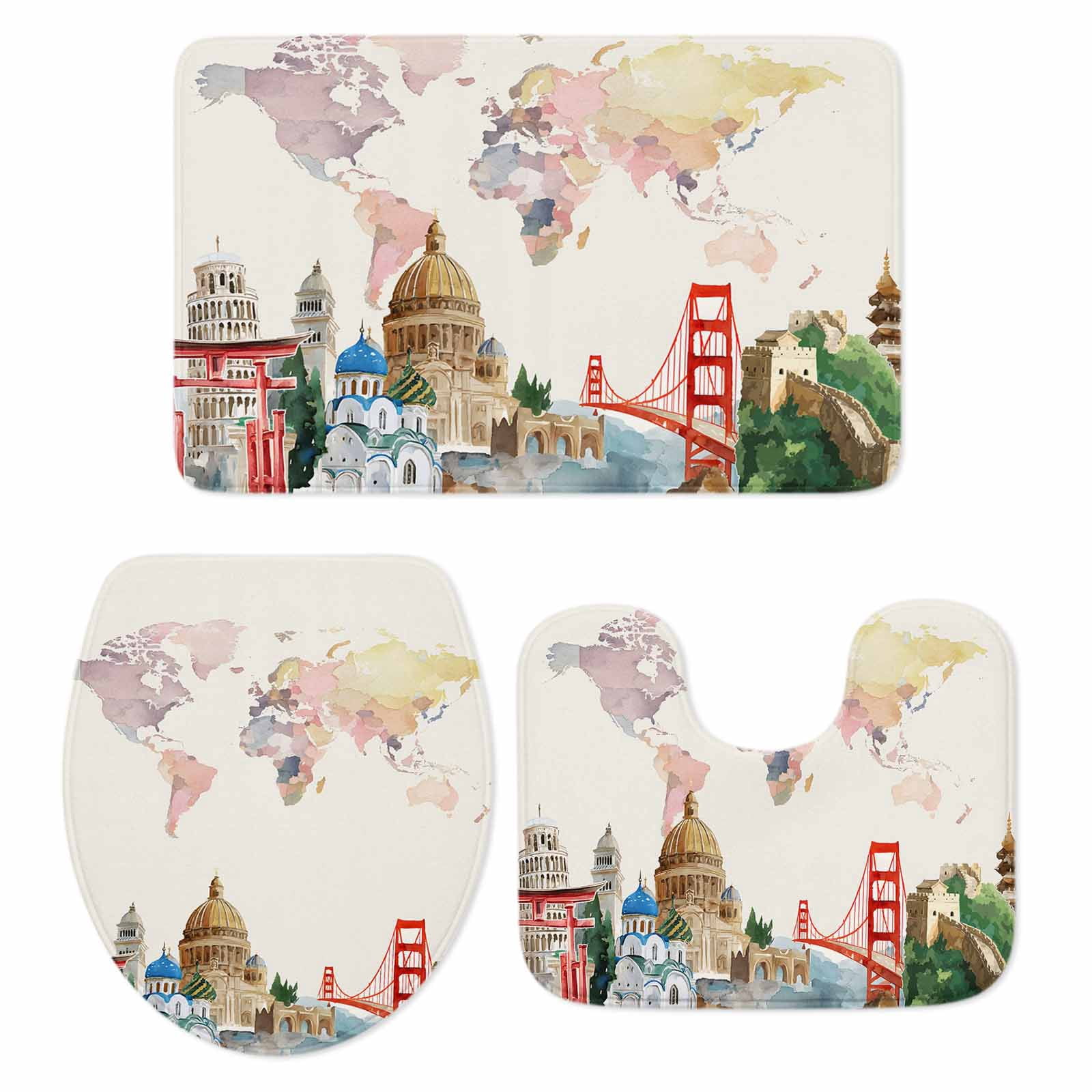 Maps Of The World Bathroom Rugs Set Famous Buildings around The World ...
