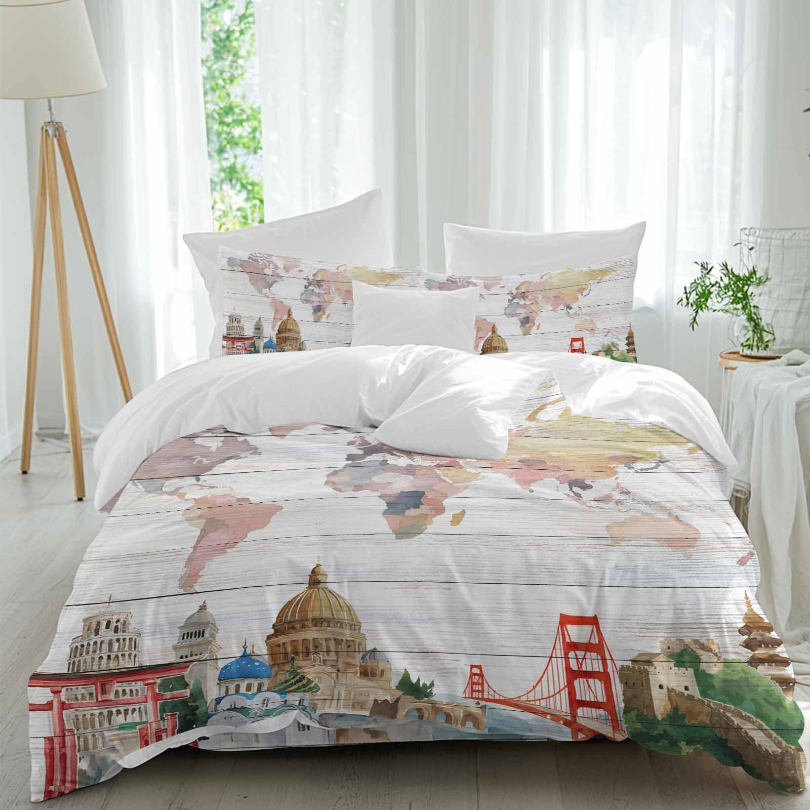 Maps Of The World Duvet Cover Set Queen Size, Famous Buildings around ...