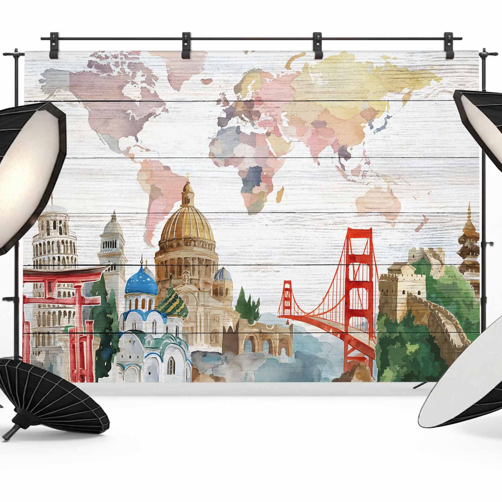 Building For Backdrop Maps Of The World Photography Backdrop 12x8FT, Famous Buildings around ...